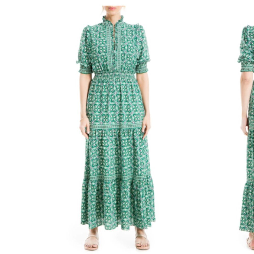 Ruffle Collar Print Tiered Maxi Dress